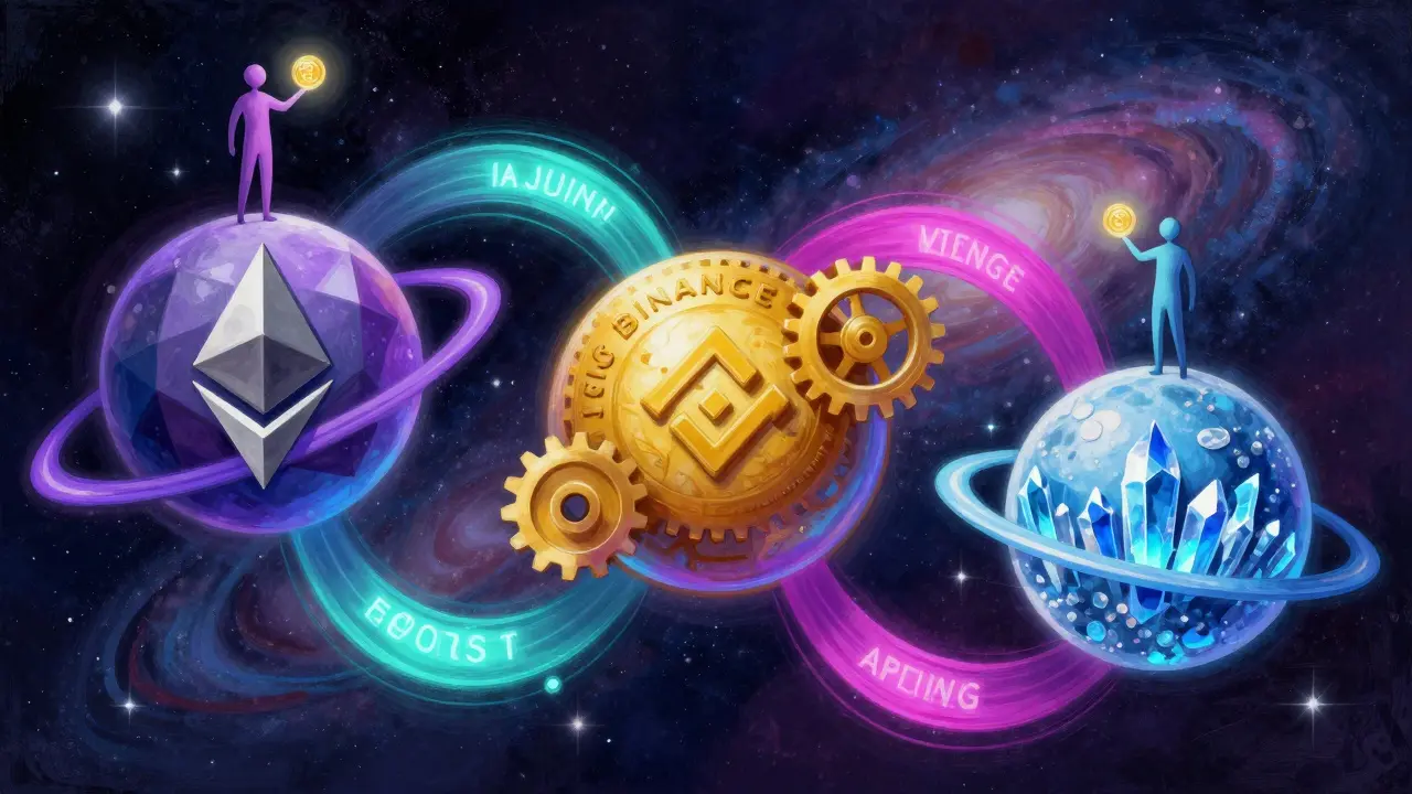 Three stylized planets connected by light ribbons representing multi-chain DeFi expansion in pop art style.