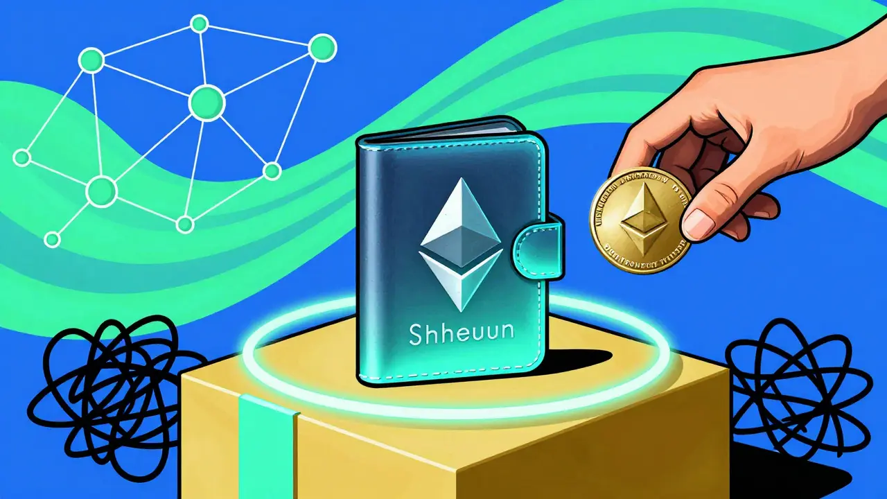Vibrant art of a secure hardware wallet protected by light rings amidst safe blockchain network flows.