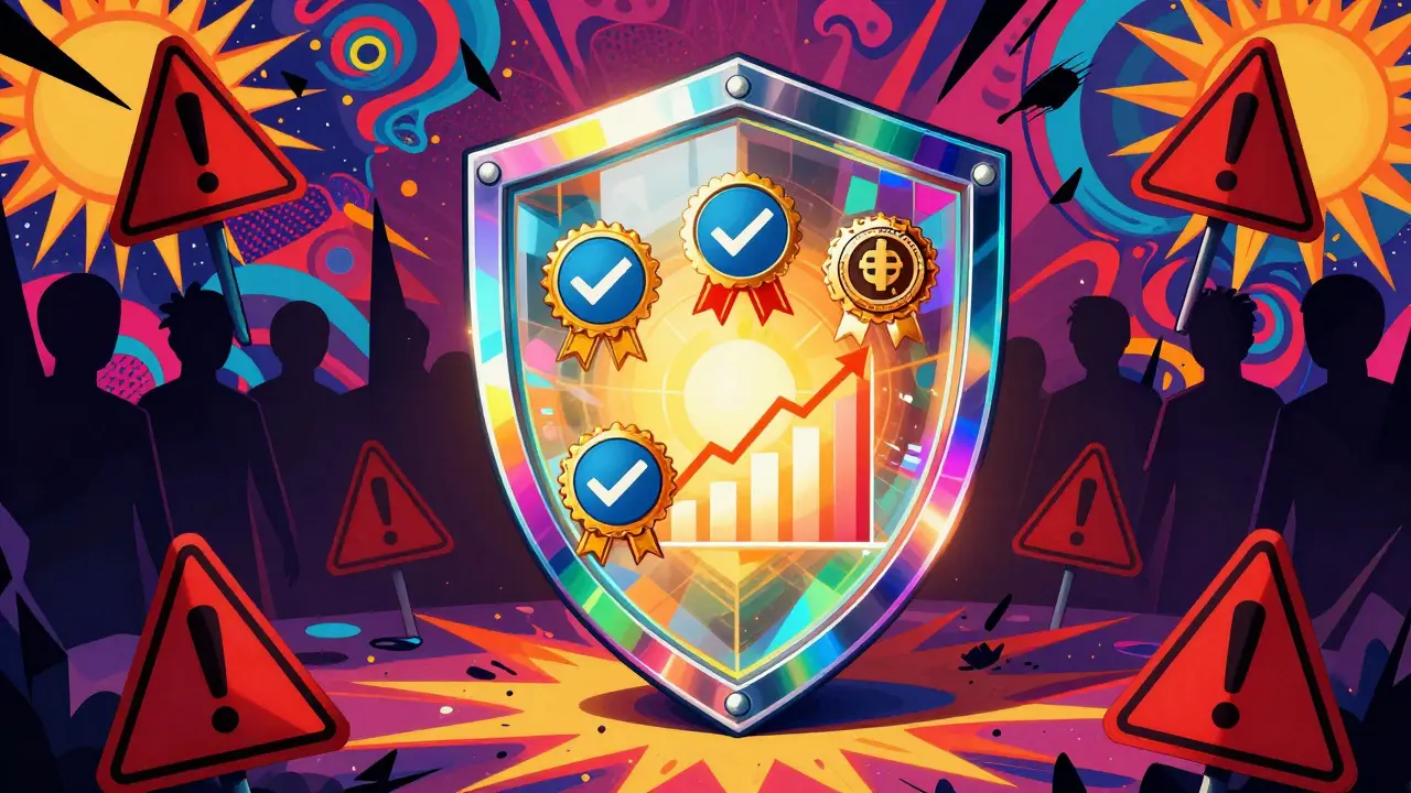 Vibrant art showing a secure trading environment protected from scams by a rainbow shield.