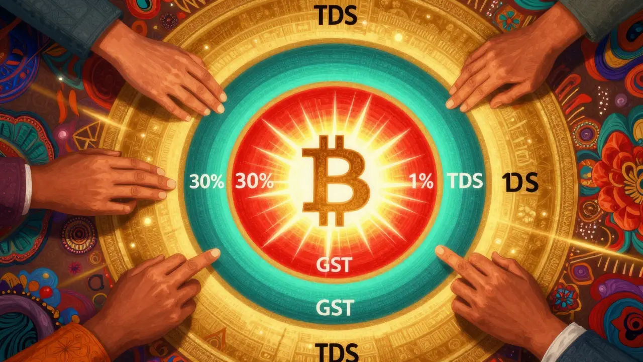 Vibrant concentric rings of color surrounding a digital coin, symbolizing layered crypto taxes