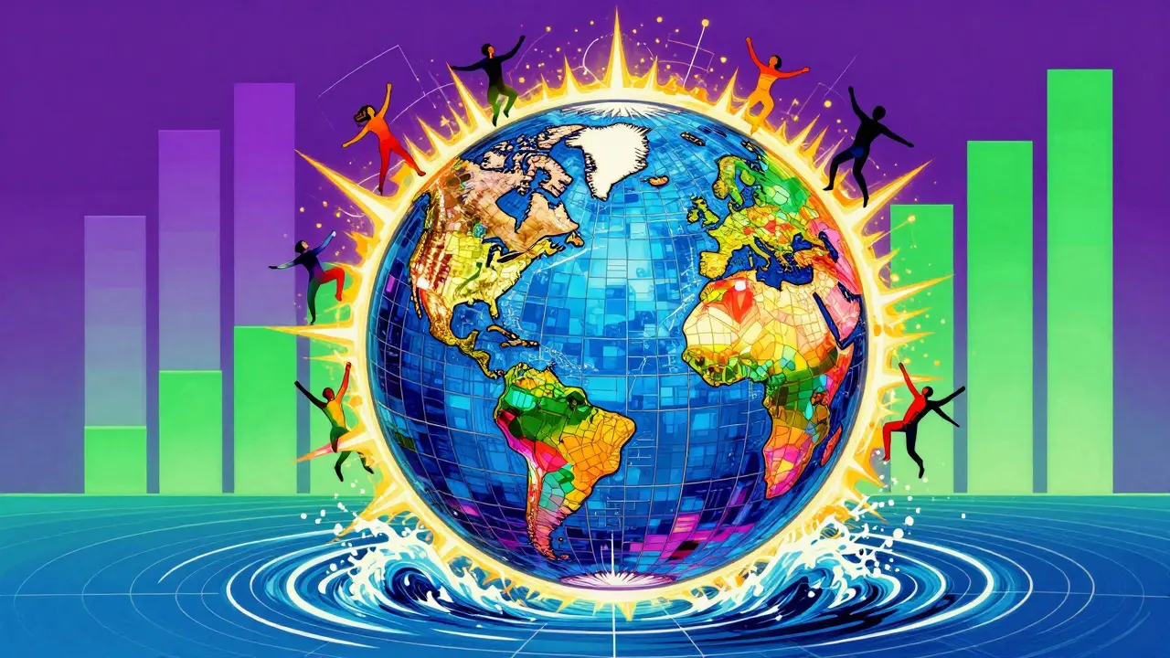 Vibrant global map showing Bitcoin ETF market expansion