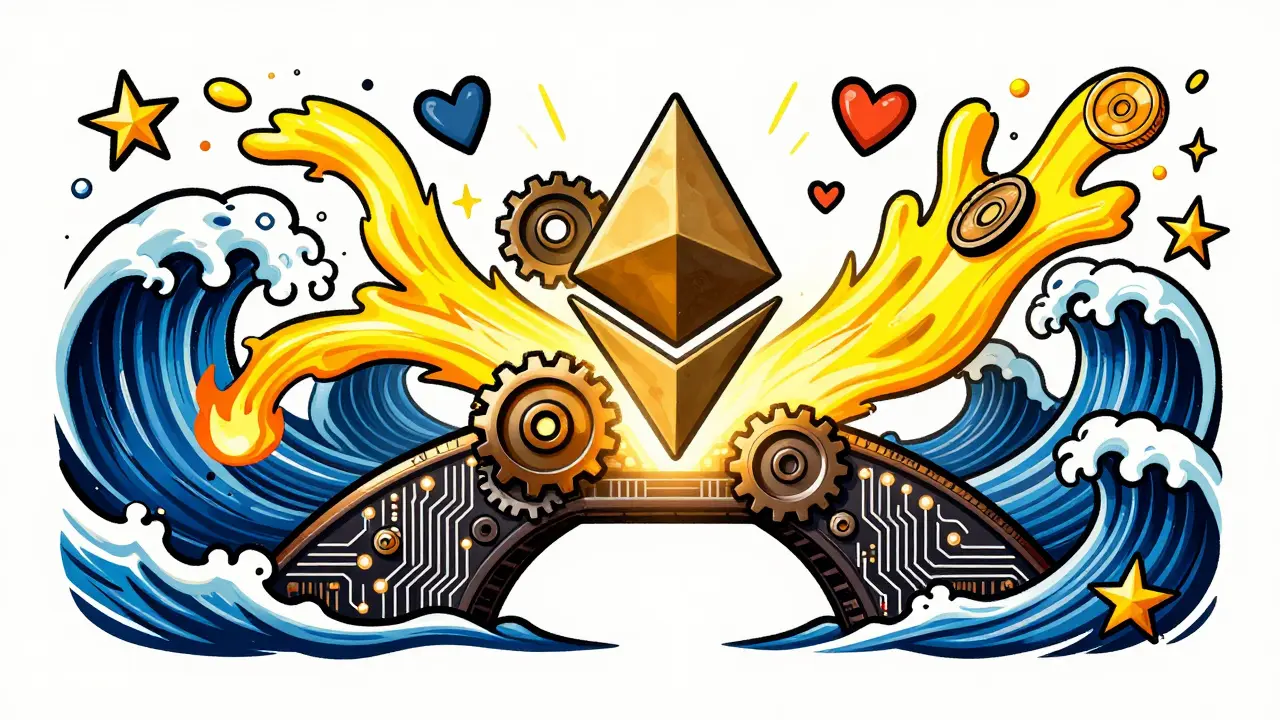 Vibrant illustration of a hybrid blockchain model balancing burning and rewards