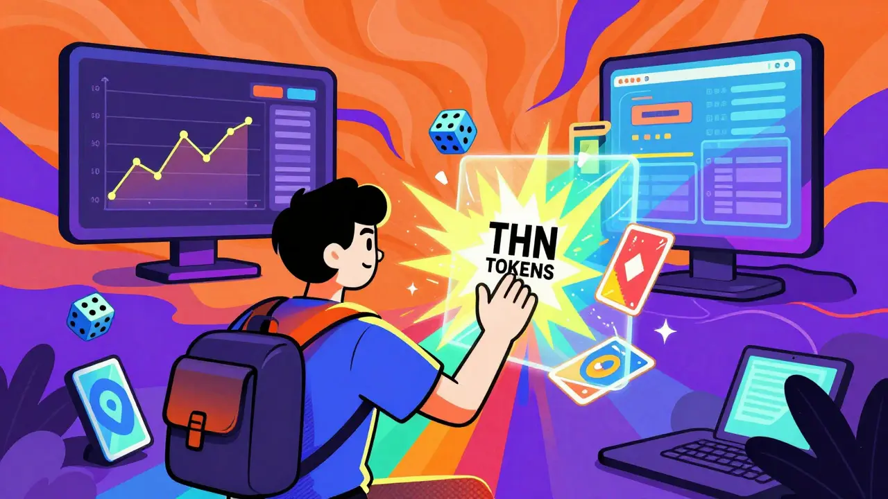 Vibrant illustration of a user playing games to earn tokens in a rainbow-hued digital space