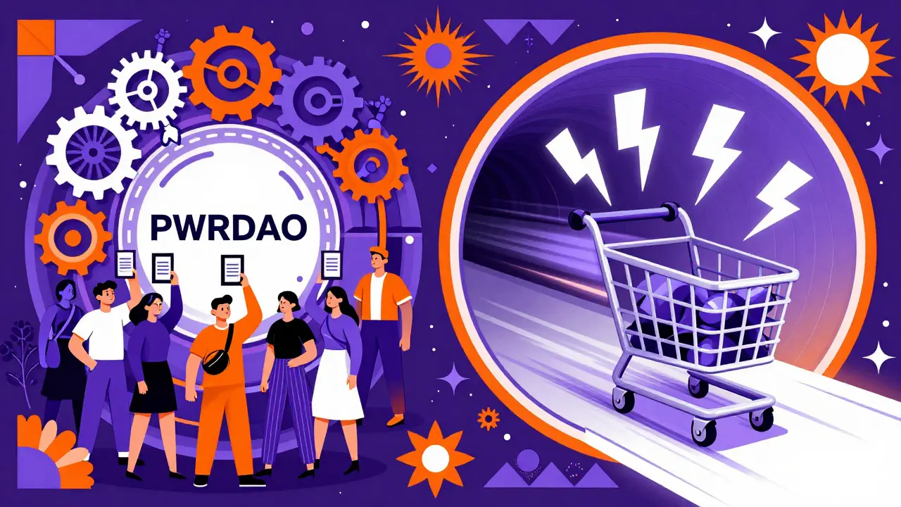 Vibrant illustration of voting communities and fast shopping carts in pop art style.