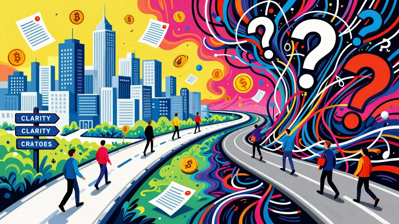 Vibrant Peter Max illustration of investors choosing between regulatory clarity and chaos in crypto.