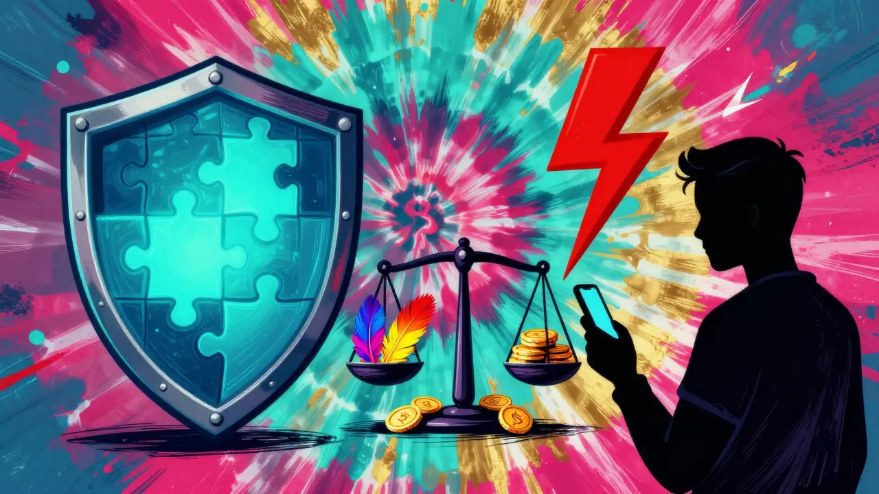 Abstract art showing a security shield and risk lightning in a colorful DeFi scene