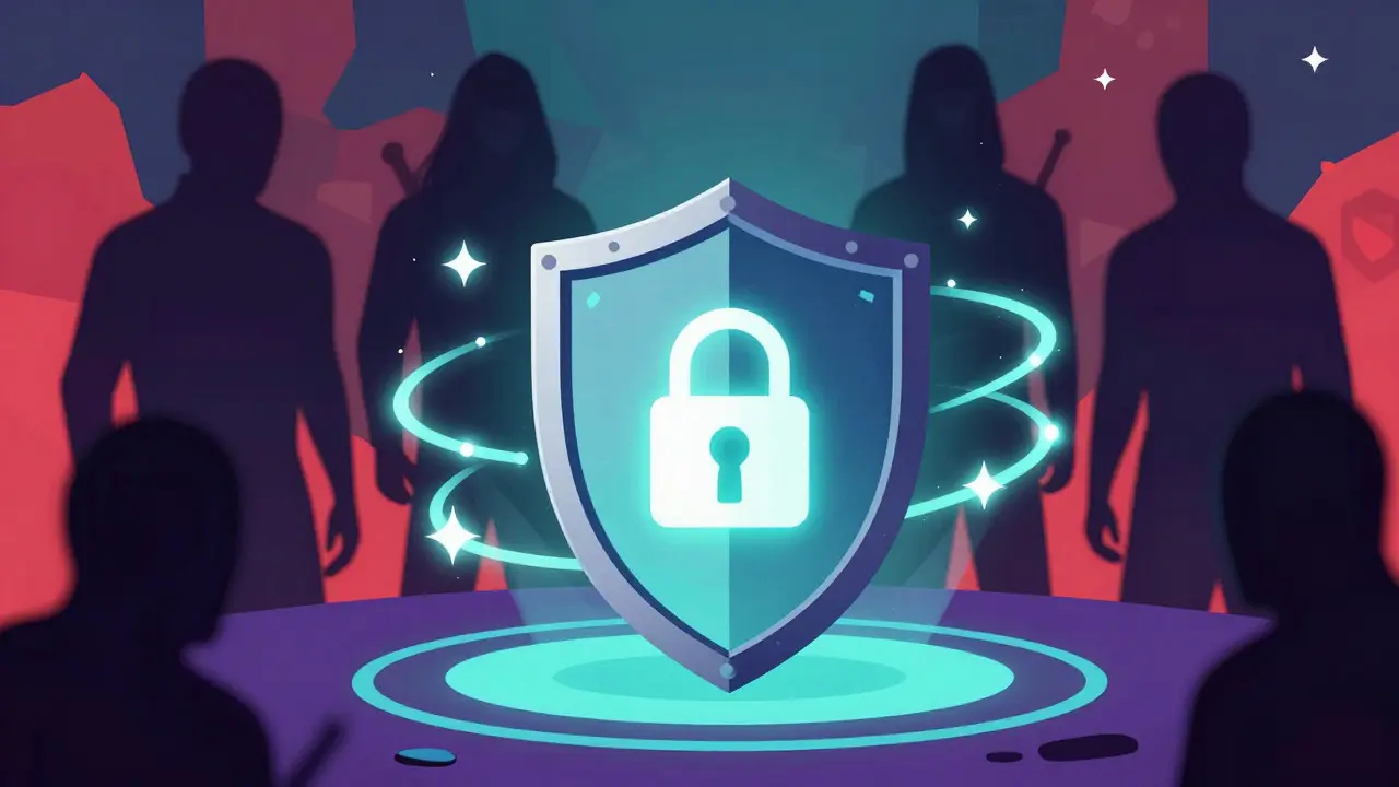 Abstract art showing a shield protecting a digital wallet from scams.