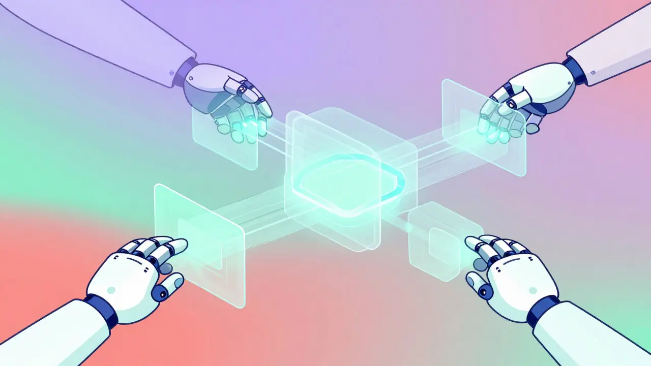 Abstract illustration of AI balancing data shards in a calm, colorful space.