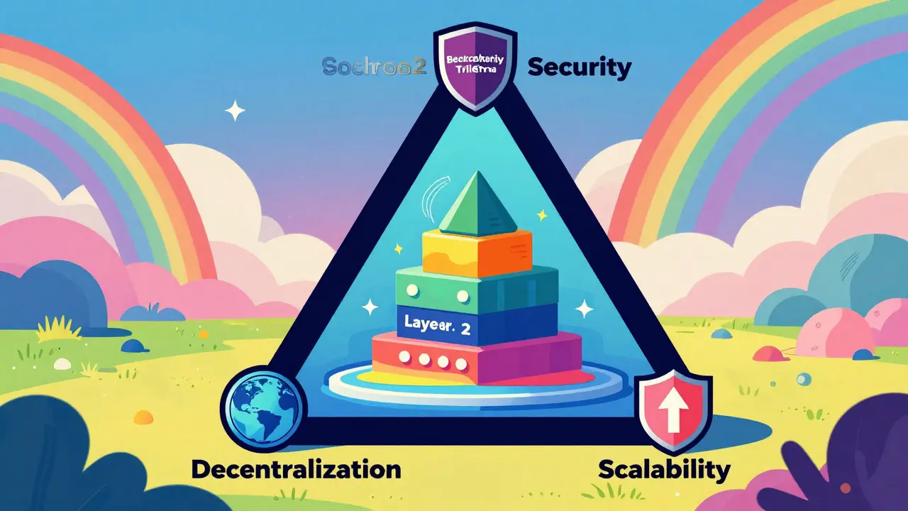 Abstract Peter Max illustration of the blockchain trilemma and layers