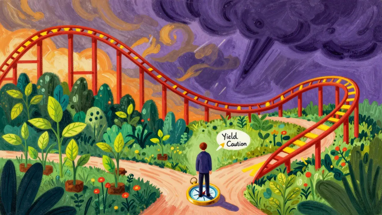 Abstract rollercoaster representing crypto market volatility and investment risks.