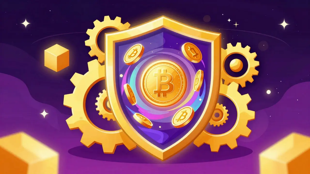 Artistic depiction of LUXCoin privacy features with shields and mixing coins.