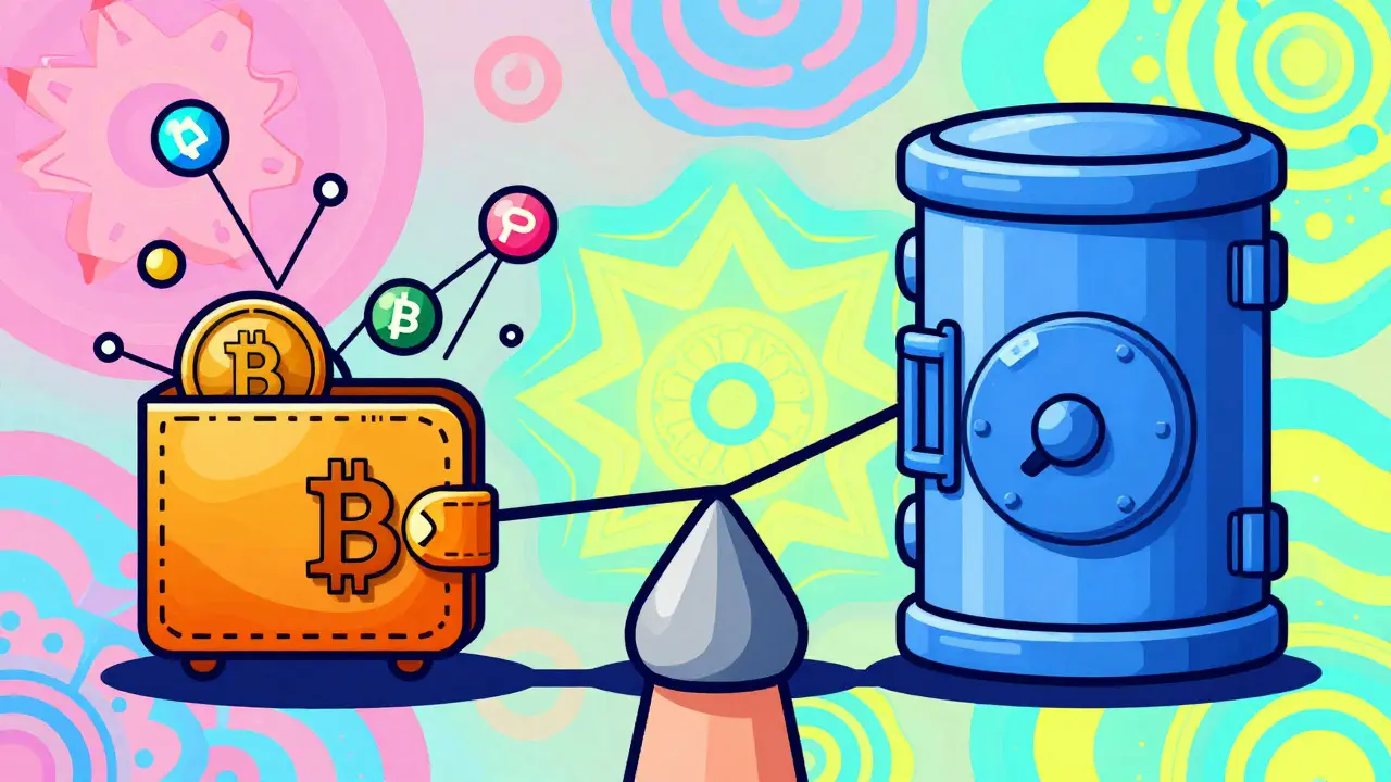 Balanced illustration showing a mix of hot and cold crypto storage strategies in vibrant colors.
