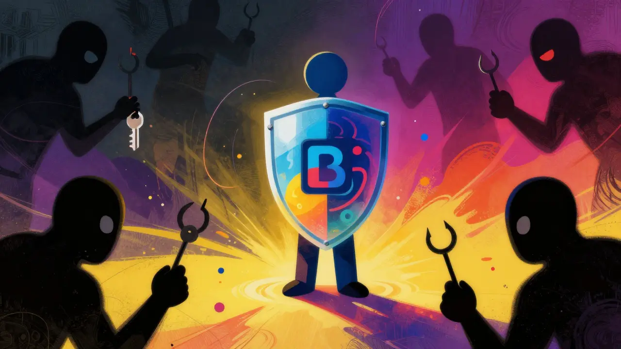 Cartoon depiction of a user protected by a shield from shadowy crypto scammers.