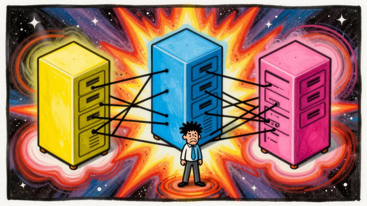 Cartoon of tangled connections between servers showing transaction lag.