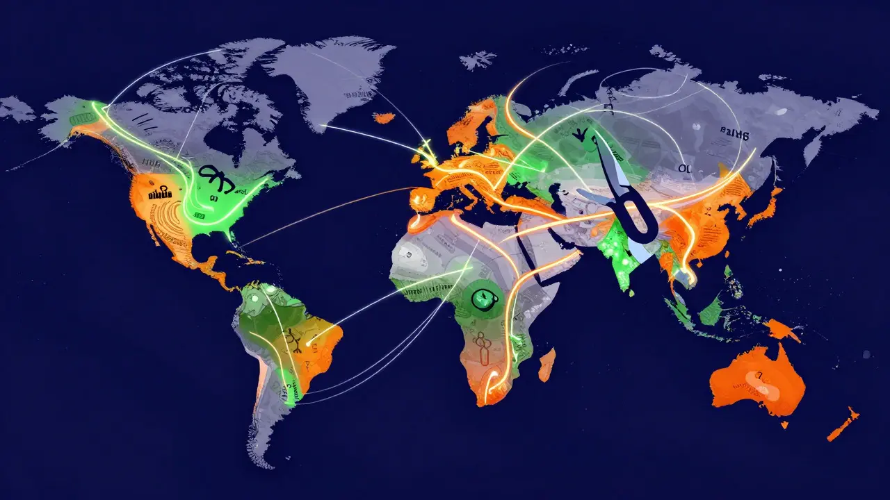 Colorful blockchain network map illustrating shadow banking flows