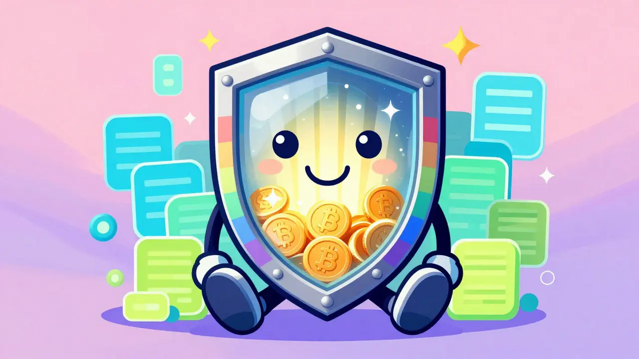 Colorful cartoon shield protecting golden coins, symbolizing secure crypto storage.