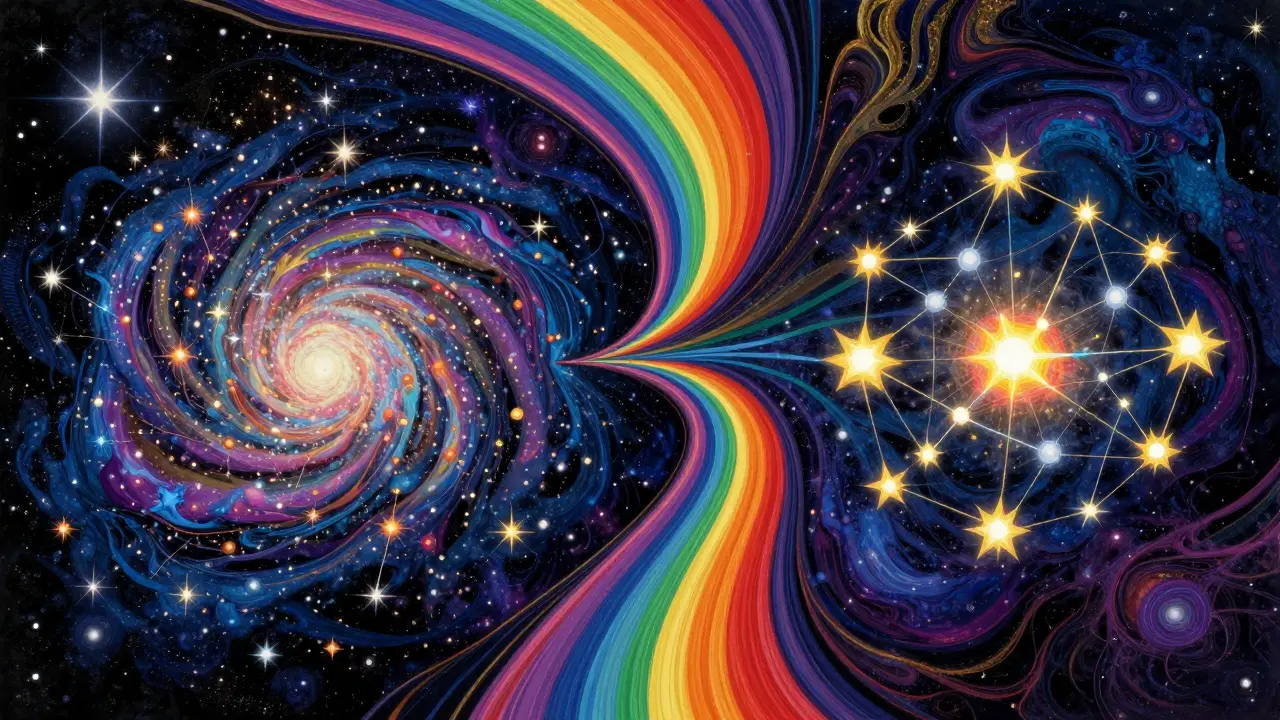 Colorful comparison of vast star fields versus tight clusters, illustrating blockchain decentralization trade-offs.