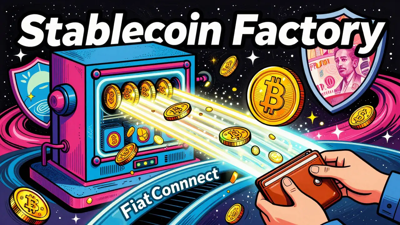 Colorful illustration of a stablecoin creation process with FiatConnect bridge and protective buffers