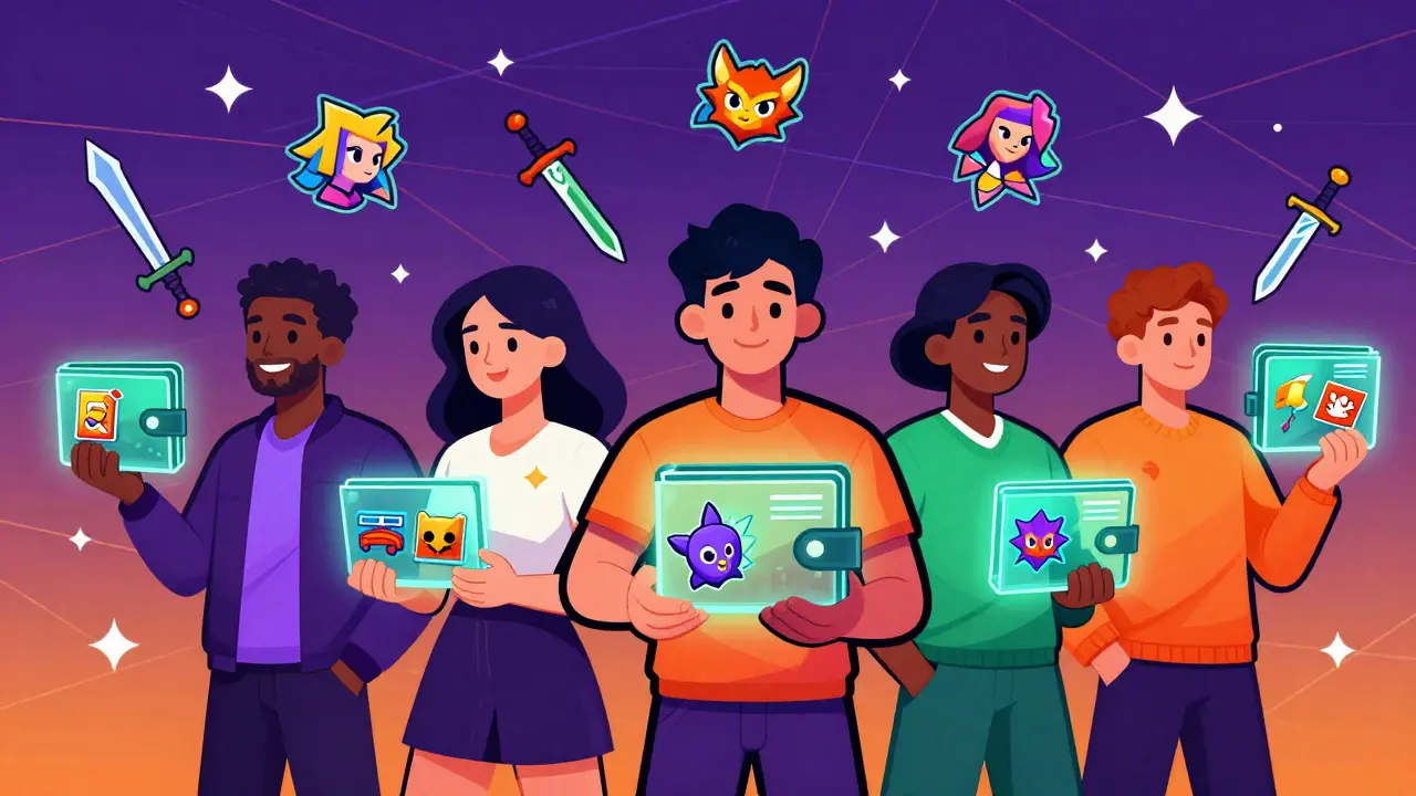 Colorful illustration of gamers holding glowing wallets with owned game items