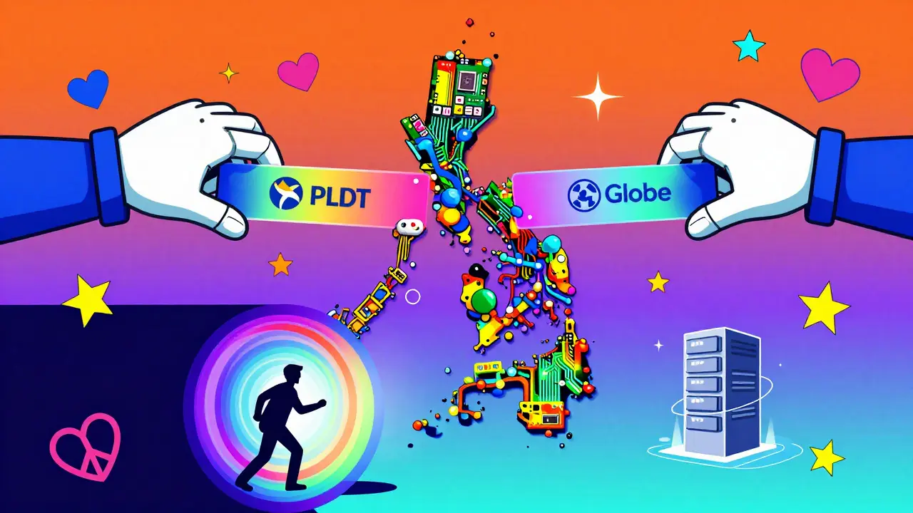 Colorful illustration of internet blocks and VPN tunnels in the Philippines.