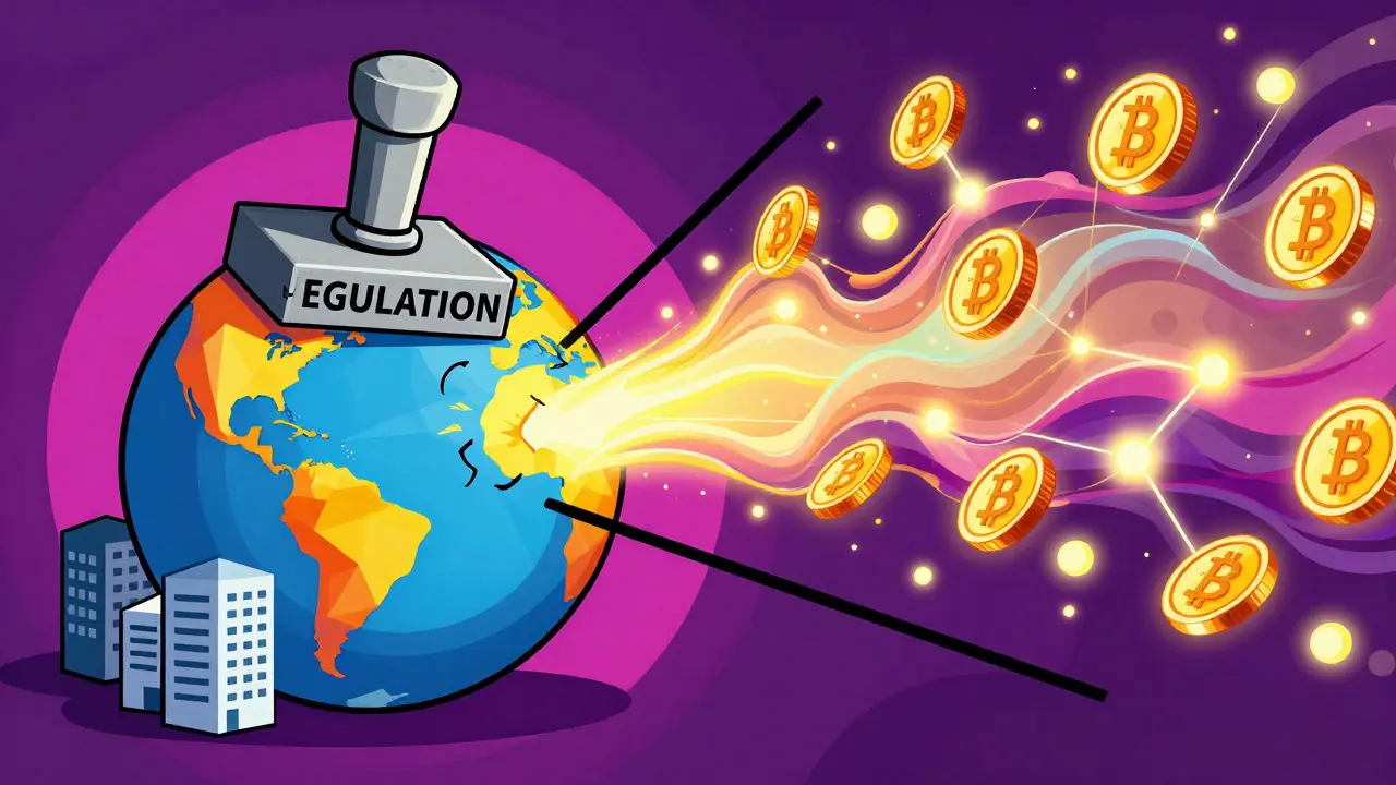 Colorful illustration of regulation pushing crypto trades to offshore zones