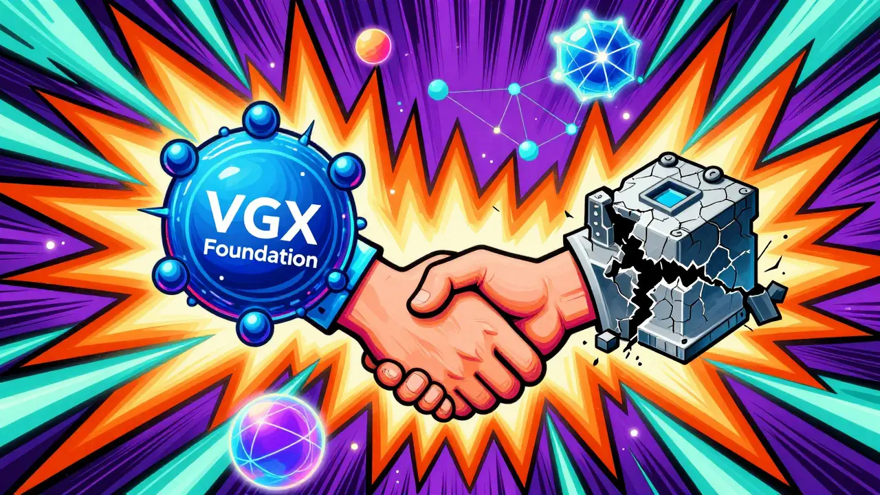 Colorful illustration of SafeMoon restructuring with VGX Foundation and token burning.