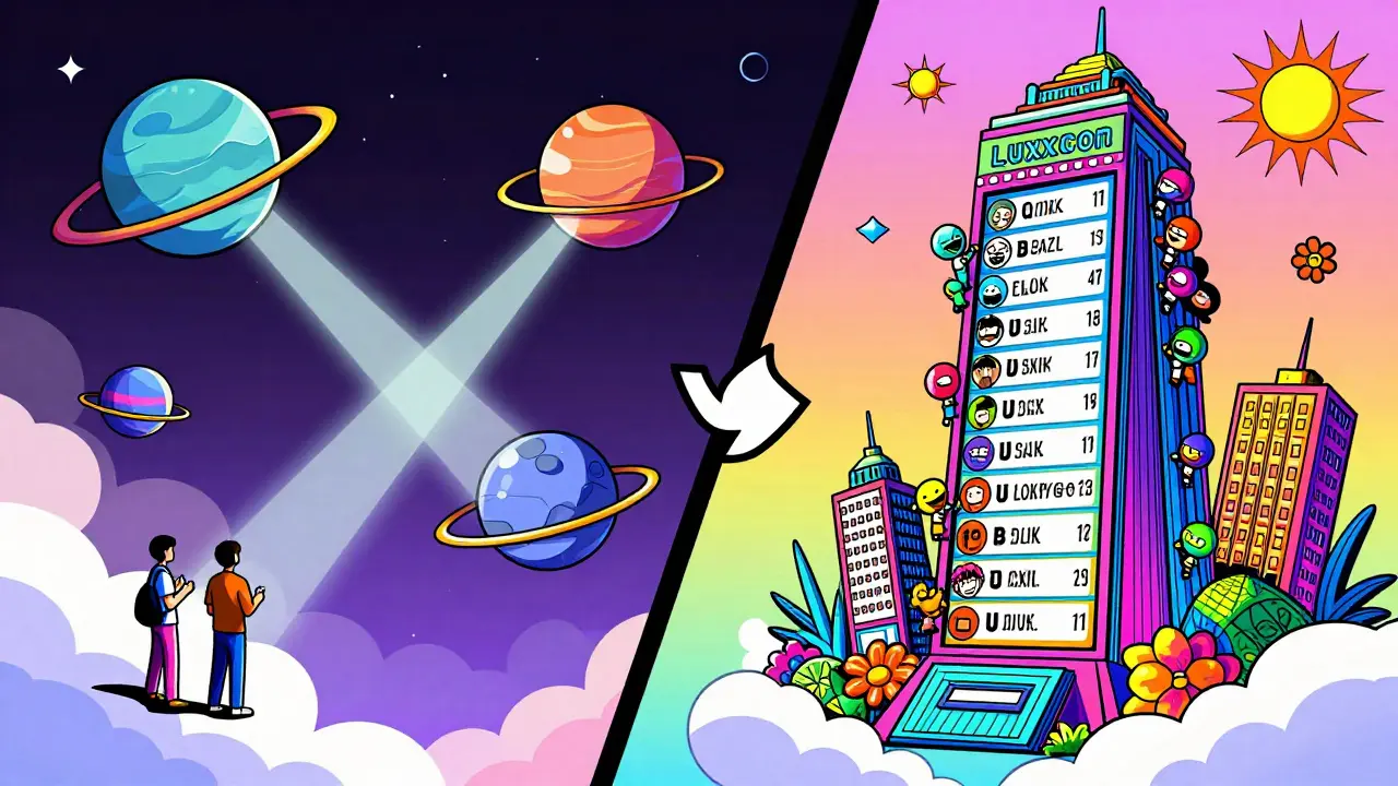 Colorful illustration of Solana-based social planets and meme leaderboards.