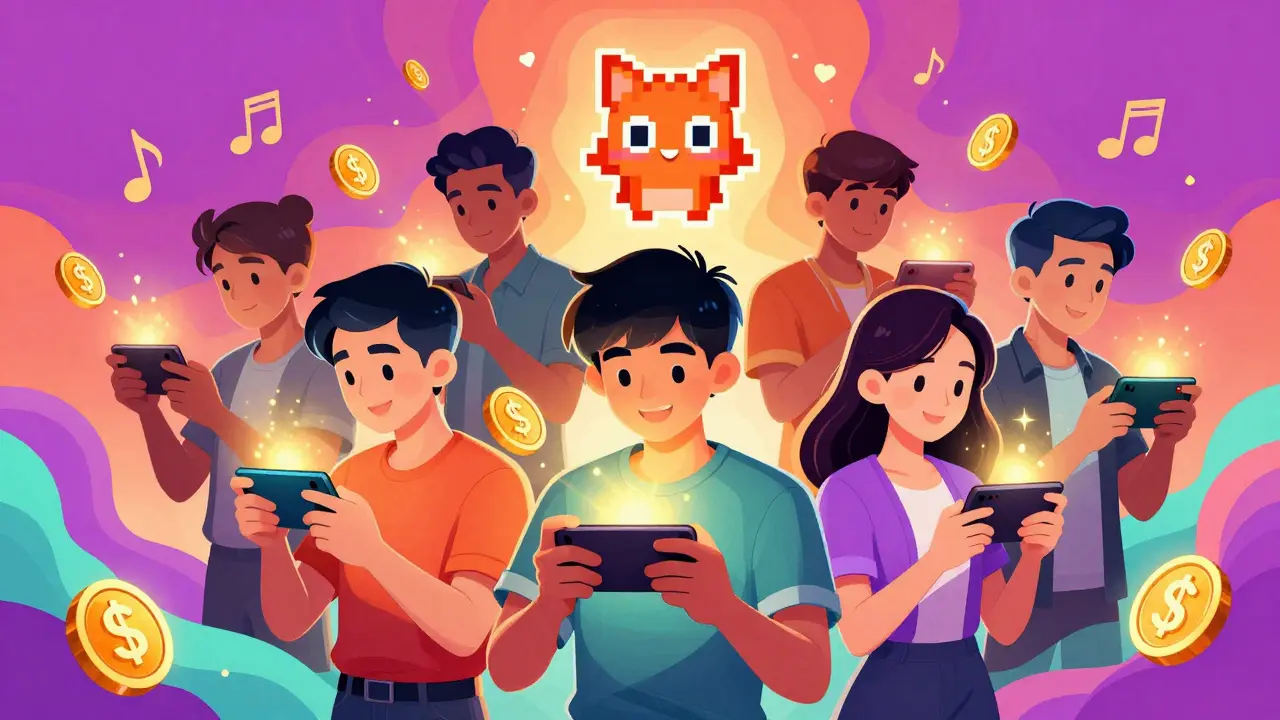 Colorful illustration of Vietnamese gamers earning crypto via Axie Infinity in Peter Max style