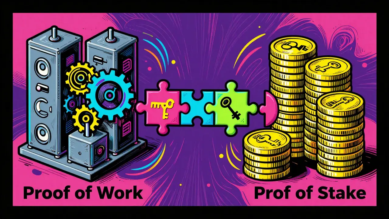 Colorful Peter Max art showing blockchain consensus and linked data blocks