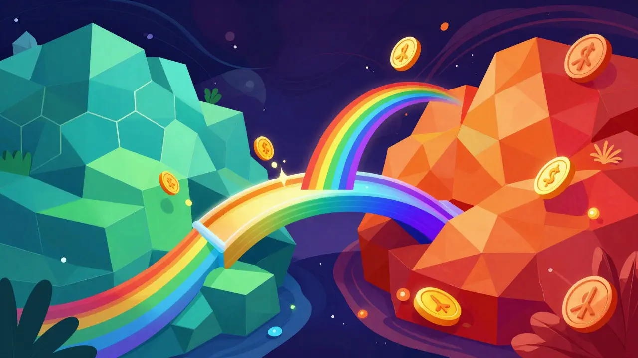 Colorful Peter Max style art of a rainbow bridge connecting different blockchain ecosystems