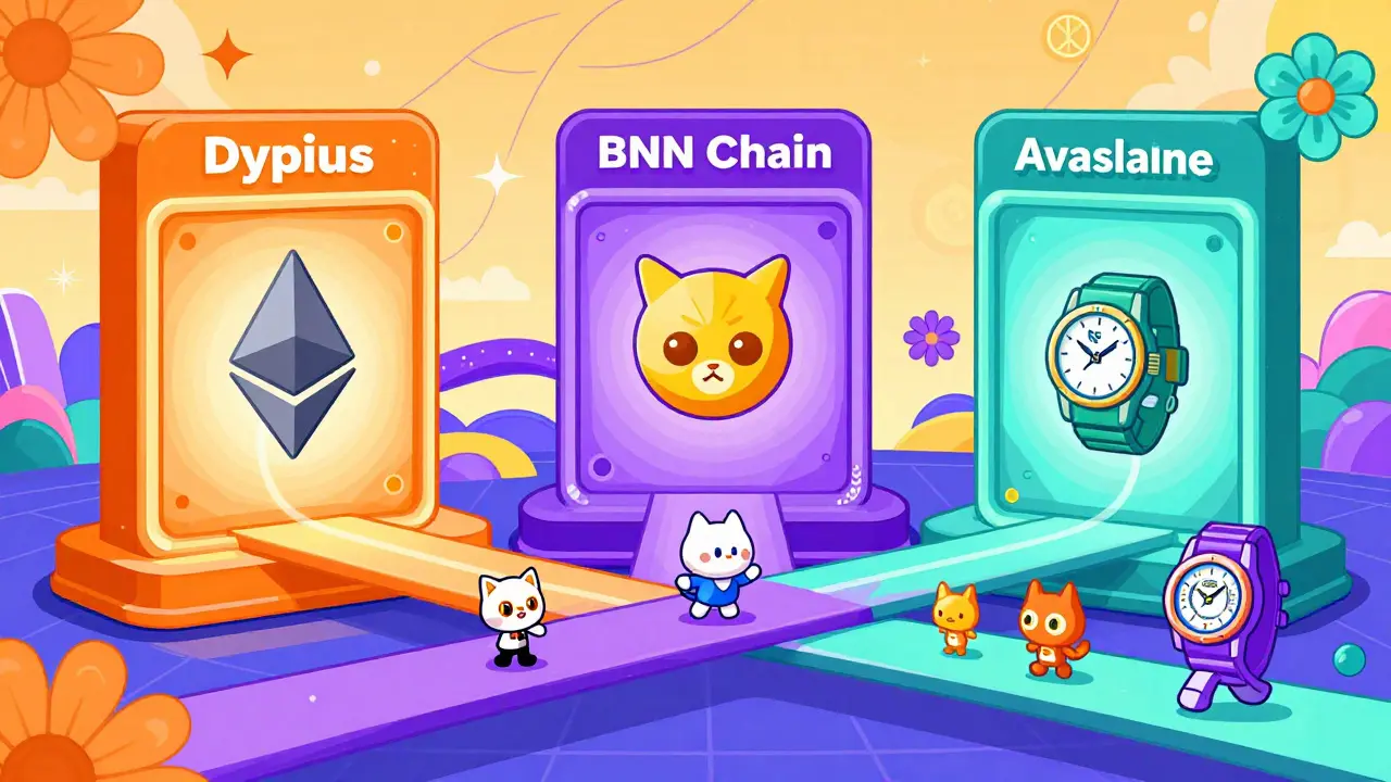 Colorful portals connecting different blockchains with NFT cats and watches.