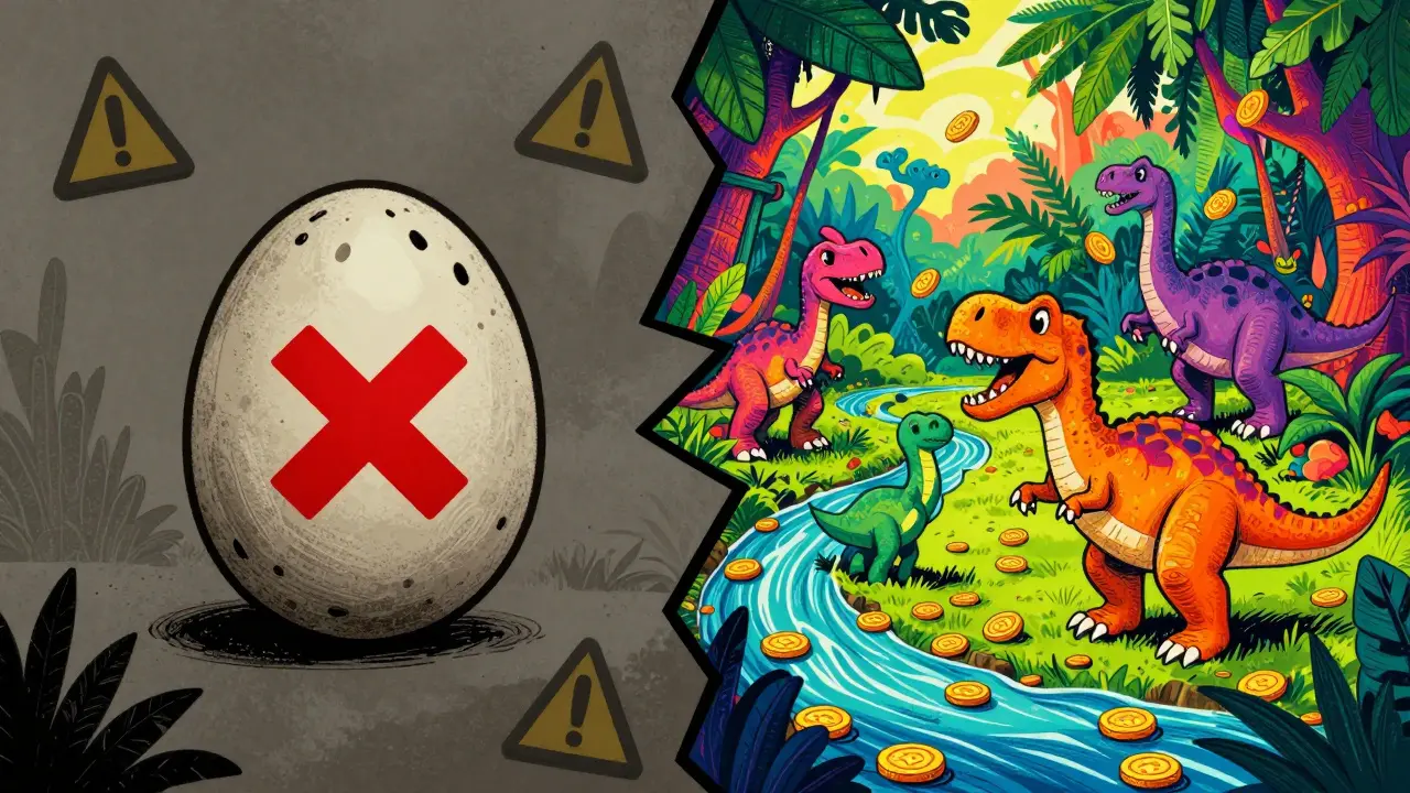 Contrast between a dead grey egg and a vibrant colorful dinosaur jungle