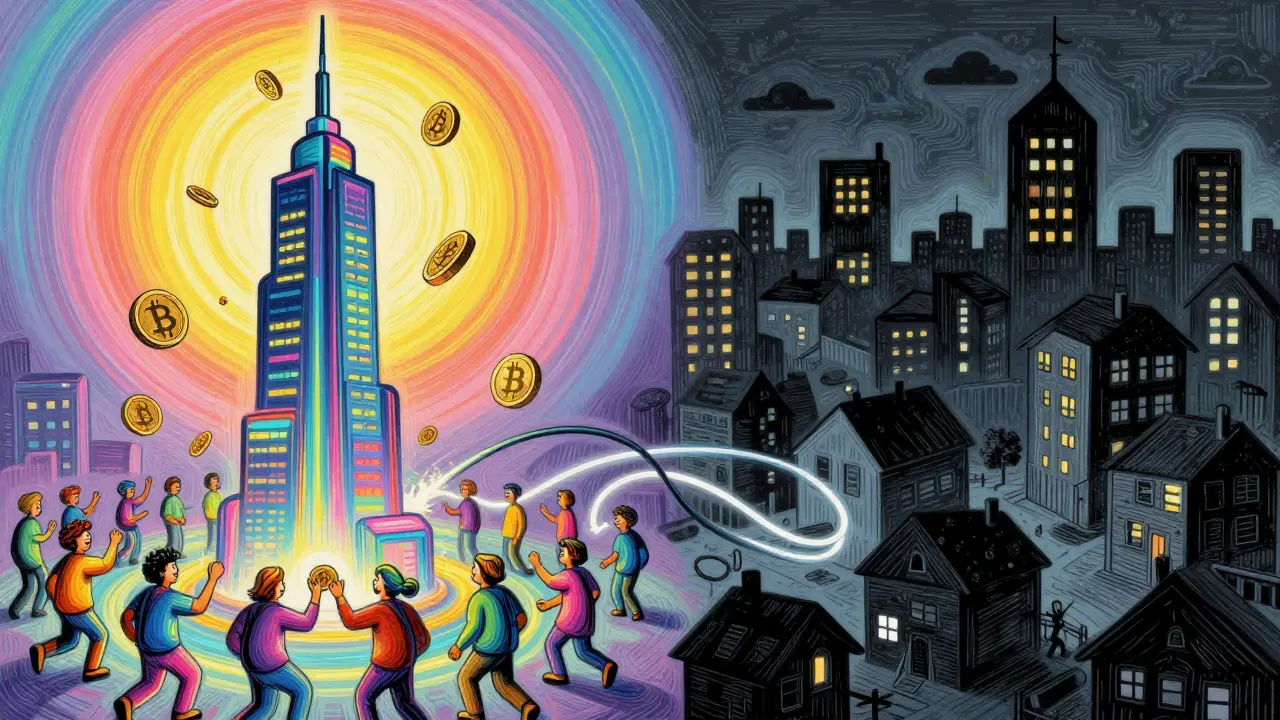 Contrast between glowing crypto towers and darkened city homes