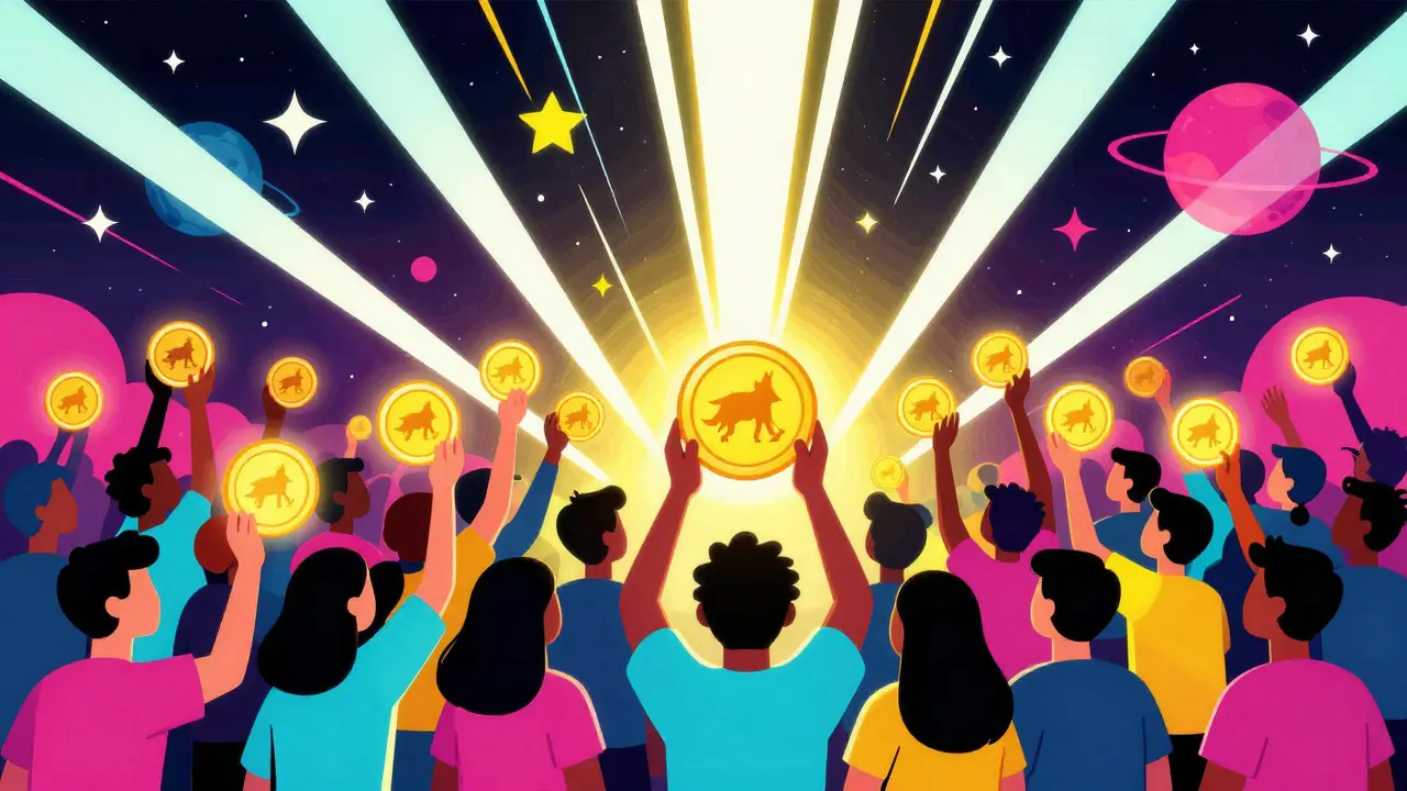 Crowd celebrating with glowing tokens under a starry colorful sky