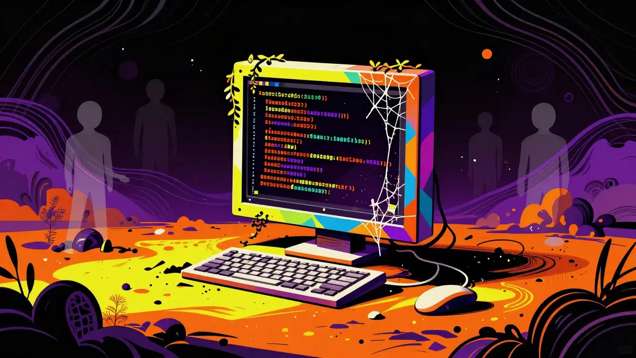 Frozen digital code block with cobwebs and fading ghosts, Peter Max style