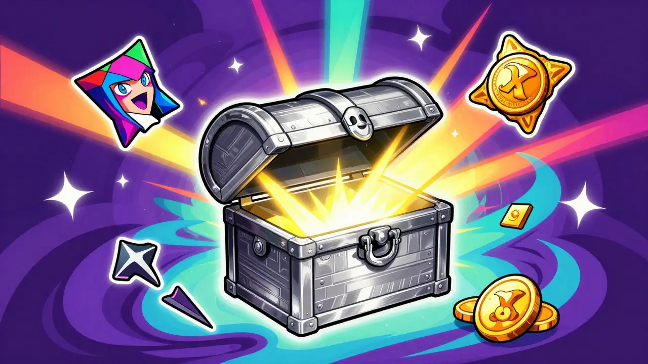 Glowing Silver Chest with NFT rewards in vibrant Peter Max artistic style