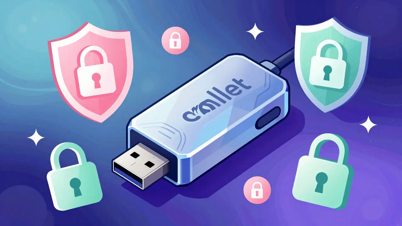 Illustration of a cold wallet hardware device surrounded by cool blue security shields.