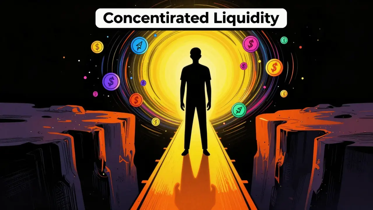 Illustration of a person on a bright bridge surrounded by swirling crypto tokens