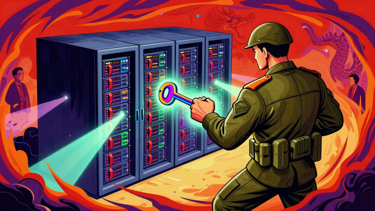 Illustration of military figures controlling colorful crypto servers