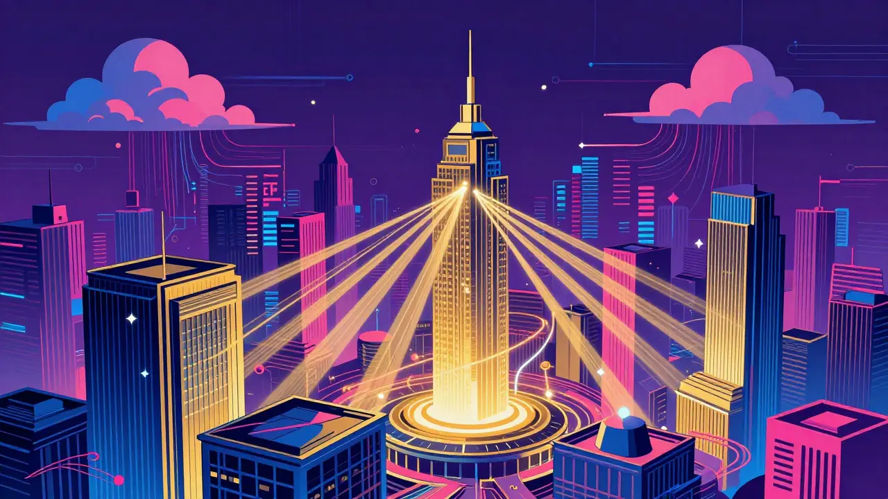 Institutional gold beams connecting to stable Bitcoin pillar