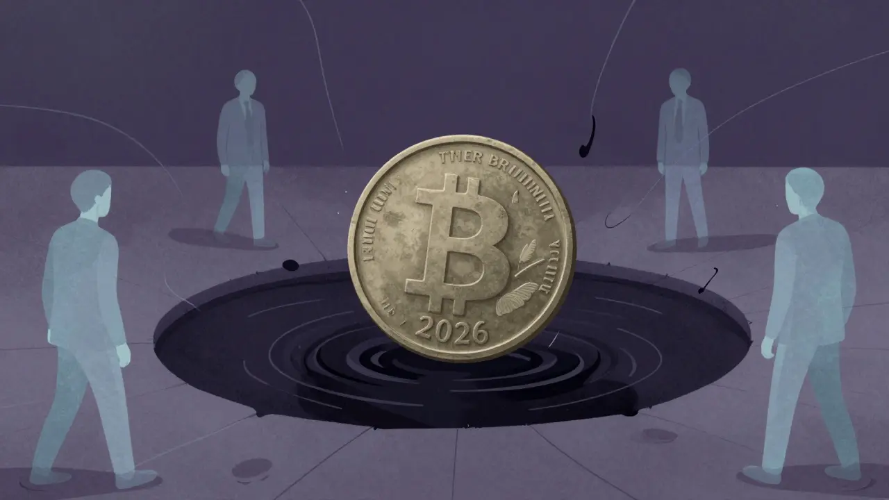 Peter Max style illustration of a fading crypto token sinking into darkness, symbolizing its crash and dormancy.