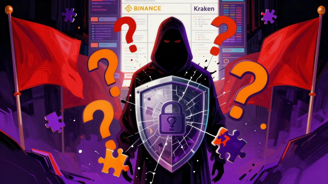 Peter Max style illustration of hidden risks and anonymity in an opaque crypto exchange.