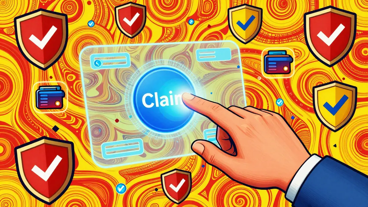Peter Max style illustration of secure crypto claim process with safety symbols