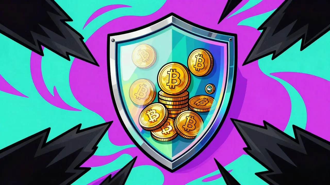 Rainbow shield protecting crypto assets from shadows in a vibrant Peter Max style.