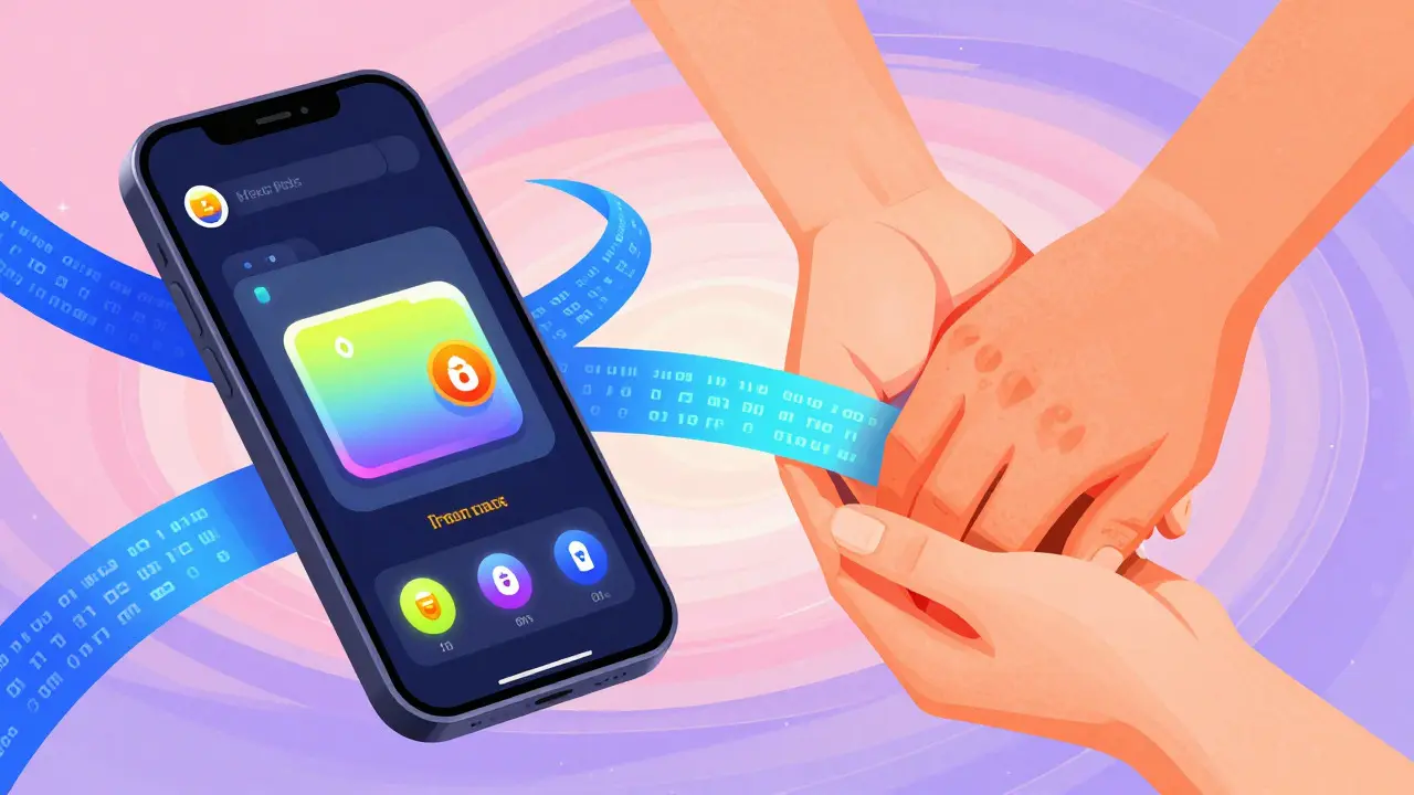 Smartphone connecting to humanitarian aid via colorful data ribbons