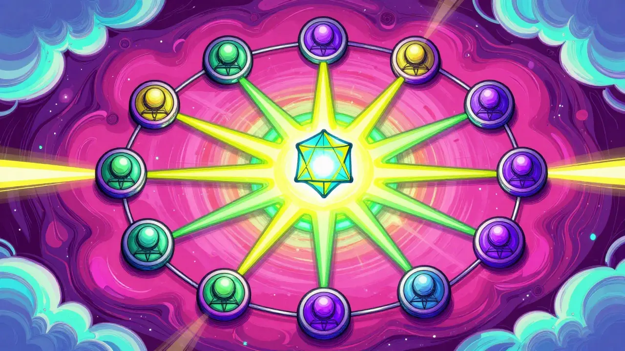 Vibrant art of connected validator nodes sealing a transaction instantly, representing absolute finality.