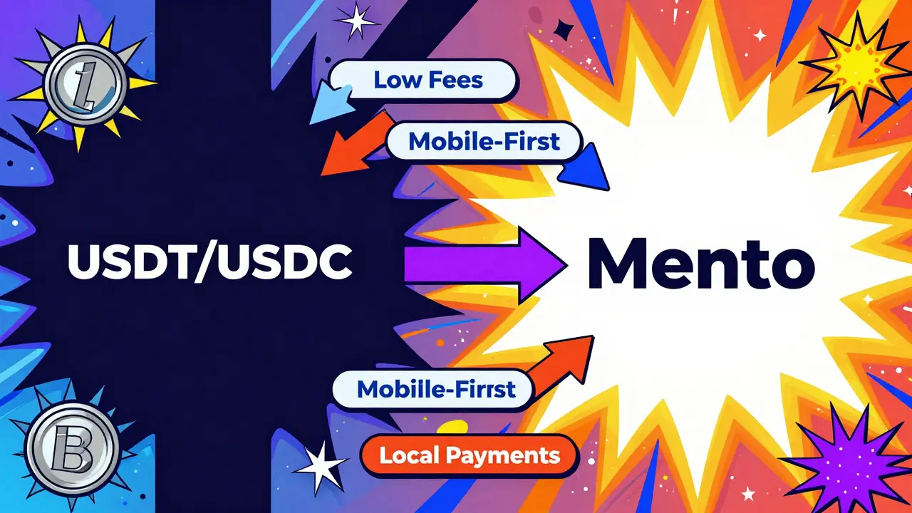 Vibrant comparison graphic highlighting Mento's advantages over traditional stablecoins in psychedelic style