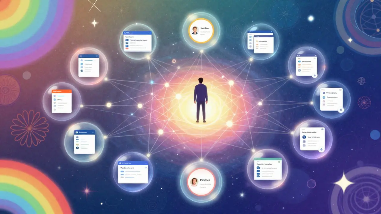 Vibrant depiction of seamless digital identity and privacy through interconnected Web3 networks.