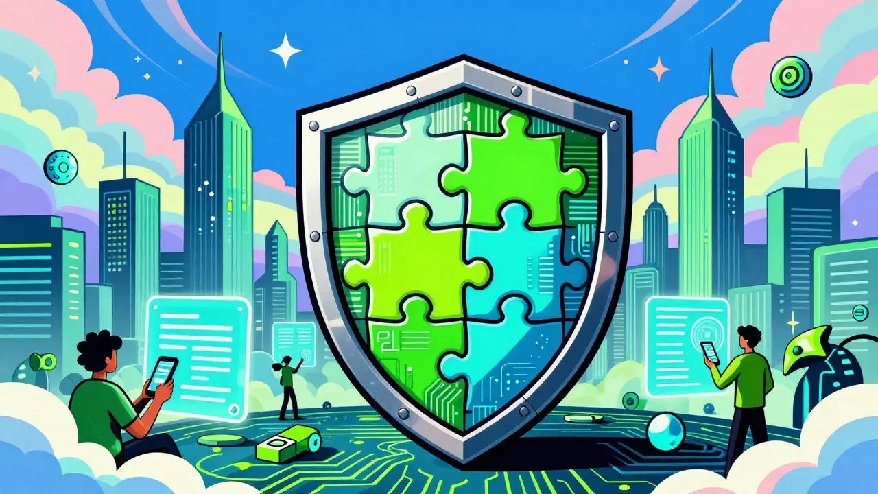 Vibrant illustration of a digital security shield protecting users in a futuristic crypto landscape