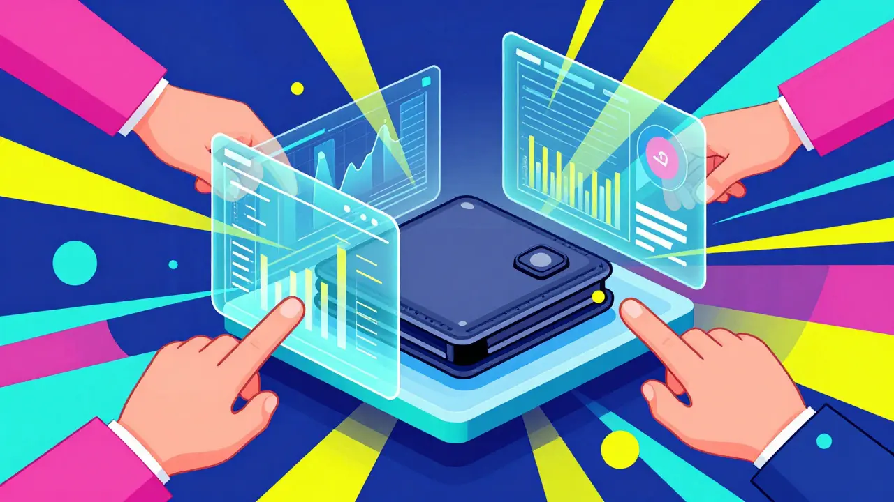 Vibrant illustration of a secure wallet setup with holographic data displays.